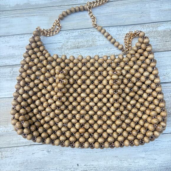 VTG Purse Shoulder Bag Wooden Beaded Bohemian Retro Unique 60s Festival Hippie - Picture 3 of 13
